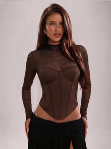 SHEIN BAE Fall& Winter Women's Solid Color Contrast Mesh Shaping Fashion Top Halloween Fall Clothes For Women , Winter Clothes,Elegant - Coffee Brown - View 6