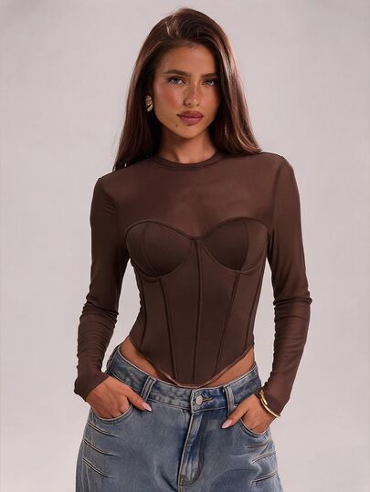 SHEIN BAE Fall& Winter Women's Solid Color Contrast Mesh Shaping Fashion Top Halloween Fall Clothes For Women , Winter Clothes,Elegant