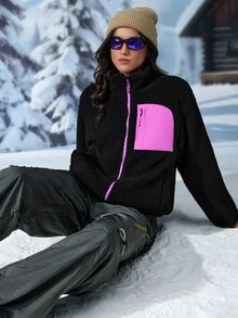Exploreva Women's Colorblock Casual Daily Outdoor Fleece Long Sleeve Jacket - Black - View 8
