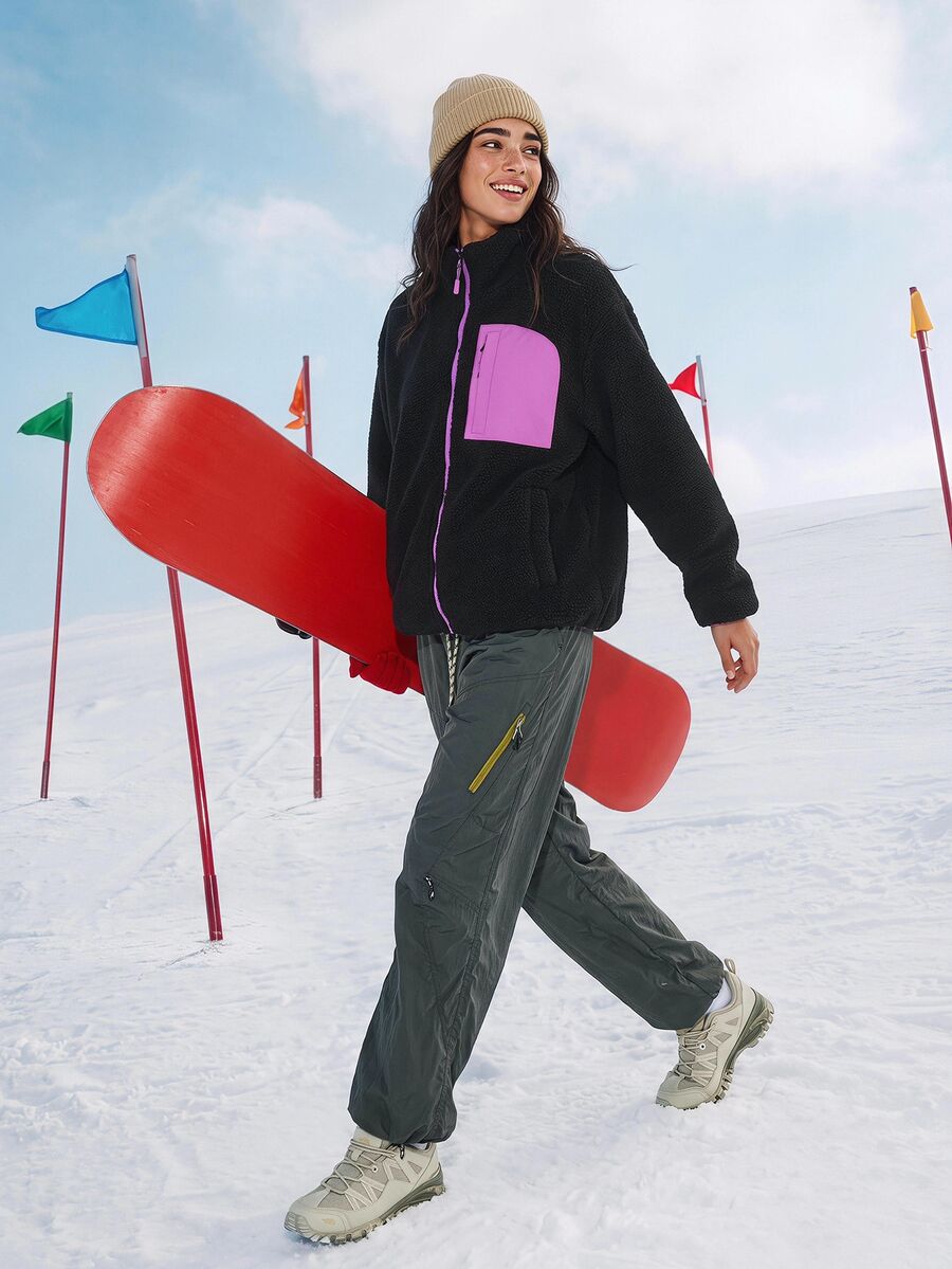 Exploreva Women's Colorblock Casual Daily Outdoor Fleece Long Sleeve Jacket - Black - View 1