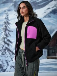 Exploreva Women's Colorblock Casual Daily Outdoor Fleece Long Sleeve Jacket - Black - View 5