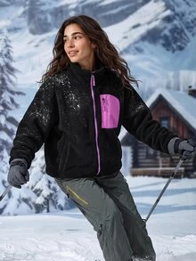 Exploreva Women's Colorblock Casual Daily Outdoor Fleece Long Sleeve Jacket - Black - View 2