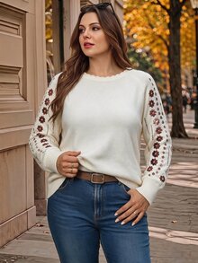 EMERY ROSE Suéter de manga larga raglán con lentejuelas y estampado floral para mujer talla grande, invierno - Albaricoque - Ver 3