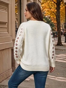 EMERY ROSE Suéter de manga larga raglán con lentejuelas y estampado floral para mujer talla grande, invierno - Albaricoque - Ver 2