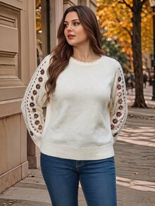 EMERY ROSE Suéter de manga larga raglán con lentejuelas y estampado floral para mujer talla grande, invierno - Albaricoque - Ver 7