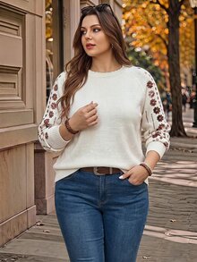 EMERY ROSE Suéter de manga larga raglán con lentejuelas y estampado floral para mujer talla grande, invierno - Albaricoque - Ver 6