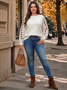 EMERY ROSE Suéter de manga larga raglán con lentejuelas y estampado floral para mujer talla grande, invierno - Albaricoque - Ver 4