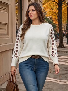EMERY ROSE Suéter de manga larga raglán con lentejuelas y estampado floral para mujer talla grande, invierno - Albaricoque - Ver 5