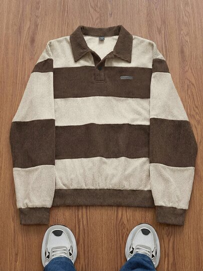 Athstrex Men's Spring/Autumn Casual Loose Plus Size Long Sleeve Sweatshirt Solid Color Patchwork Polo Shirt