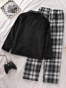 Boys' Relaxed Fit Open Front Top And Pants Set, New Autumn/Winter Fleece Fabric, Comfortable Minimalist Plaid With Contrast Trim Design, Suitable For Home Wear And Pajamas - Black and White - View 2