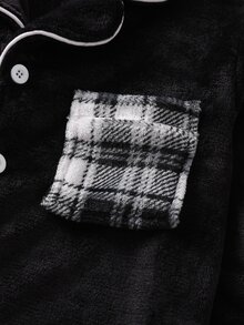 Boys' Relaxed Fit Open Front Top And Pants Set, New Autumn/Winter Fleece Fabric, Comfortable Minimalist Plaid With Contrast Trim Design, Suitable For Home Wear And Pajamas - Black and White - View 4