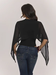 SHEIN Tall Solid Color Sexy Fitted Mesh Shawl Round Neck Bodysuit - Black - View 2