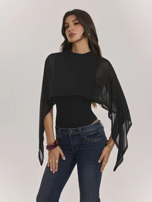 SHEIN Tall Solid Color Sexy Fitted Mesh Shawl Round Neck Bodysuit - Black - View 7