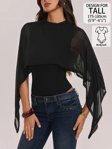 SHEIN Tall Solid Color Sexy Fitted Mesh Shawl Round Neck Bodysuit - Black - View 1