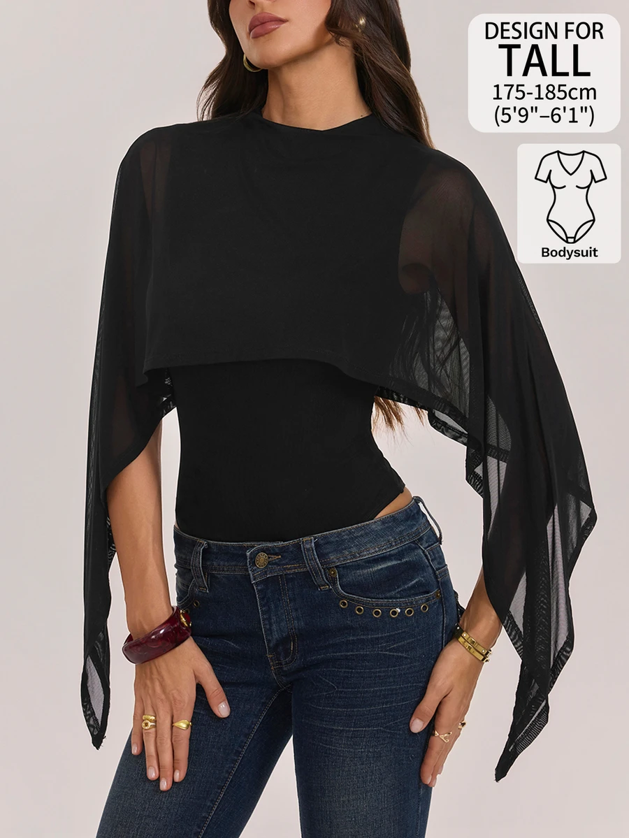 SHEIN Tall Solid Color Sexy Fitted Mesh Shawl Round Neck Bodysuit - Black - View 1