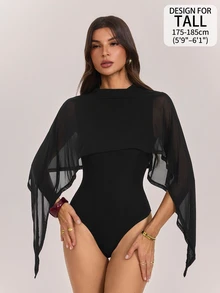 SHEIN Tall Solid Color Sexy Fitted Mesh Shawl Round Neck Bodysuit - Black - View 9