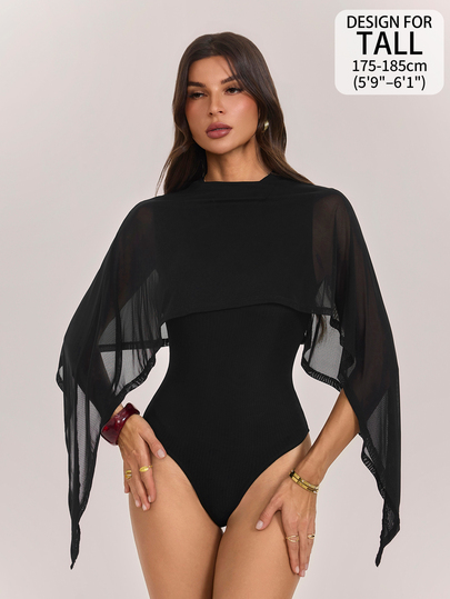 SHEIN Tall Einfarbiger sexy figurbetonter Mesh-Schal Rundhals Bodysuit