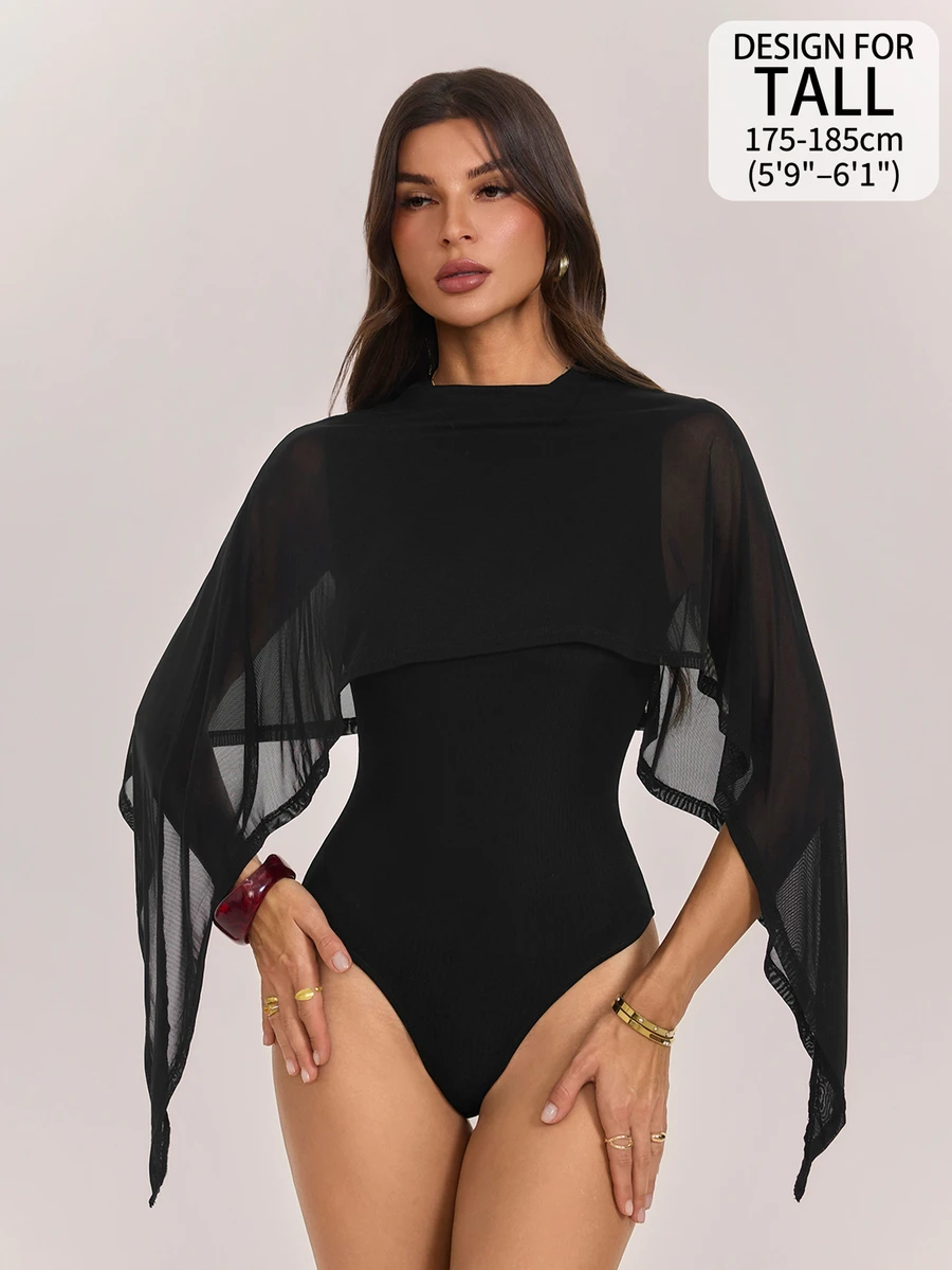 SHEIN Tall بودي سوت مثير ضيق من الشبك بلون موحد مع شال وياقة دائرية - الأسود - مشاهدة 1