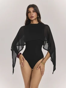 SHEIN Tall Solid Color Sexy Fitted Mesh Shawl Round Neck Bodysuit - Black - View 3