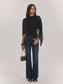 SHEIN Tall Solid Color Sexy Fitted Mesh Shawl Round Neck Bodysuit - Black - View 6
