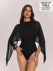 SHEIN Tall Solid Color Sexy Fitted Mesh Shawl Round Neck Bodysuit - Black - View 8