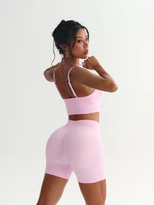 SHEIN Dewbera Women's Seamless Yoga Sports Set Colorblock Sports Bra And Tight Shorts - Pink - View 7