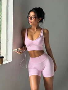 SHEIN Dewbera Women's Seamless Yoga Sports Set Colorblock Sports Bra And Tight Shorts - Pink - View 3