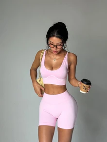 SHEIN Dewbera Women's Seamless Yoga Sports Set Colorblock Sports Bra And Tight Shorts - Pink - View 1