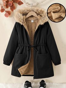 SHEIN 女童純色抓絨內裡休閒夾克外套 秋冬女童服飾 - 黑色 - 查看 8