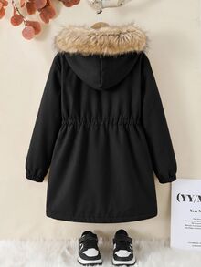 SHEIN 女童純色抓絨內裡休閒夾克外套 秋冬女童服飾 - 黑色 - 查看 2