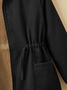 SHEIN 女童純色抓絨內裡休閒夾克外套 秋冬女童服飾 - 黑色 - 查看 5