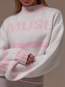 Musera Sport كنزة قصيرة محبوكة بطبعة شعار Muse برقبة عالية وأكمام بالون، لطيفة وأنثوية، للخريف والشتاء والعطلات والجيم، بتصميم رقيق وبارد - متعدد الألوان - مشاهدة 5