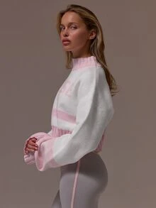 Musera Sport كنزة قصيرة محبوكة بطبعة شعار Muse برقبة عالية وأكمام بالون، لطيفة وأنثوية، للخريف والشتاء والعطلات والجيم، بتصميم رقيق وبارد - متعدد الألوان - مشاهدة 3