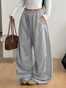 Coolane Women's Fall/Winter Streetwear Going Out Casual All-Match Daily Wear Sport Homecoming Grey Baggy Low Rise Curved Hem Pants - Grey - View 3