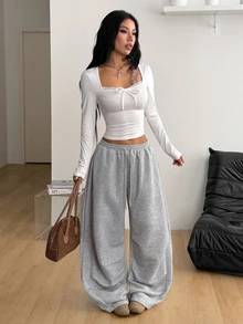 Coolane Women's Fall/Winter Streetwear Going Out Casual All-Match Daily Wear Sport Homecoming Grey Baggy Low Rise Curved Hem Pants - Grey - View 2