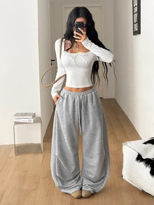 Coolane Women's Fall/Winter Streetwear Going Out Casual All-Match Daily Wear Sport Homecoming Grey Baggy Low Rise Curved Hem Pants - Grey - View 5