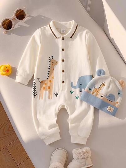 SHEIN Mono/Pelele de manga larga con cuello polo y estampado de dibujos animados para bebé niño/niña recién nacido, otoño/invierno, mono de una pieza lindo para bebé