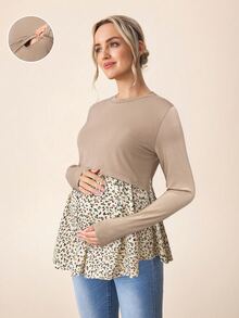 SHEIN 孕婦休閒哺乳色塊拼接長袖T恤 秋季孕婦上衣 - 咖啡棕 - 查看 1