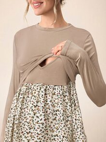 SHEIN 孕婦休閒哺乳色塊拼接長袖T恤 秋季孕婦上衣 - 咖啡棕 - 查看 4