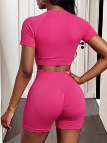 BamGleam Women's Solid Color Short Sleeve Top And High Waist Shorts Casual Athleisure Athletic Daily Sports Set Gym Workout Fuchsia Pink Summer - Hot Pink - View 2