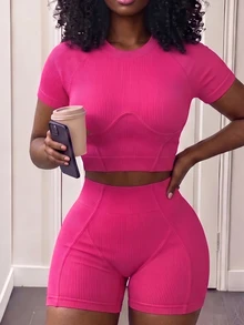 BamGleam Women's Solid Color Short Sleeve Top And High Waist Shorts Casual Athleisure Athletic Daily Sports Set Gym Workout Fuchsia Pink Summer - Hot Pink - View 4