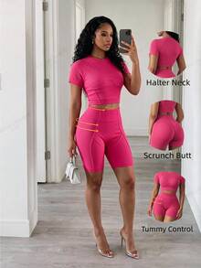 BamGleam Women's Solid Color Short Sleeve Top And High Waist Shorts Casual Athleisure Athletic Daily Sports Set Gym Workout Fuchsia Pink Summer - Hot Pink - View 1