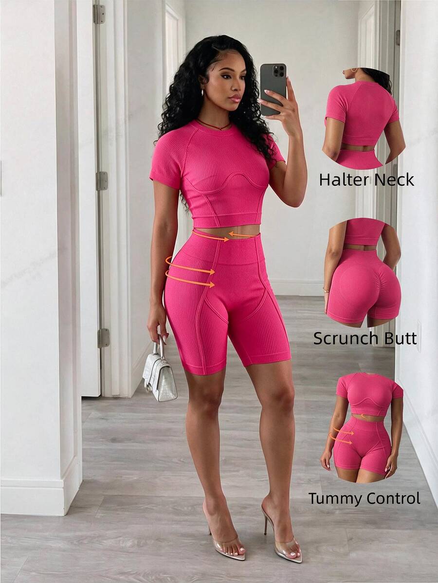 BamGleam Women's Solid Color Short Sleeve Top And High Waist Shorts Casual Athleisure Athletic Daily Sports Set Gym Workout Fuchsia Pink Summer - Hot Pink - View 1