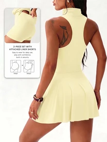 SHEIN Sovereign Charm Spring/Summer Women's Sports Dress, Butter Yellow, Regular Fit, Stand Collar, Sleeveless, Colorblock Half-Open Collar With Built-In Shorts And Pockets - Yellow - View 3