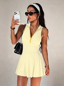 SHEIN Sovereign Charm Spring/Summer Women's Sports Dress, Butter Yellow, Regular Fit, Stand Collar, Sleeveless, Colorblock Half-Open Collar With Built-In Shorts And Pockets - Yellow - View 8