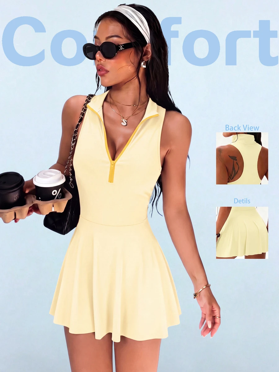 SHEIN Sovereign Charm Spring/Summer Women's Sports Dress, Butter Yellow, Regular Fit, Stand Collar, Sleeveless, Colorblock Half-Open Collar With Built-In Shorts And Pockets