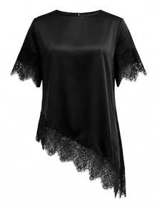 SHEIN Clasi 女款蕾絲拼接不對稱下擺上衣與魚尾裙兩件套 - 黑色 - 查看 6
