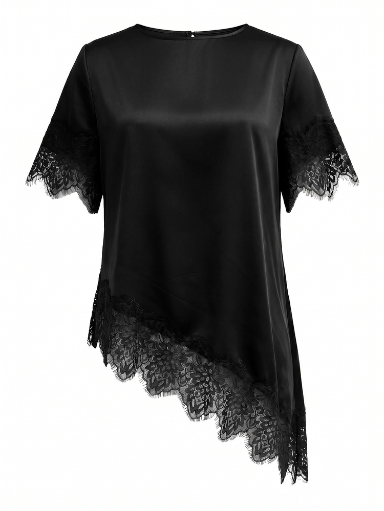 SHEIN Clasi Women's Lace Patchwork Asymmetrical Hem Top And Mermaid Skirt 2 Pieces Set - Black - View 6
