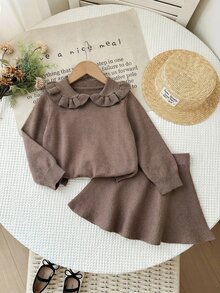 SHEIN LMoss Kids Baby Girl Casual Comfortable Collared Ruffle Hem Sweater & Autumn Winter Skirt Set - Brown - View 4