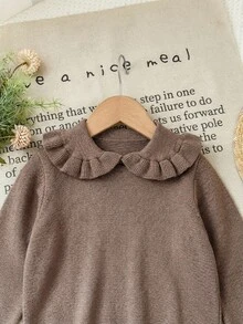 SHEIN LMoss Kids Baby Girl Casual Comfortable Collared Ruffle Hem Sweater & Autumn Winter Skirt Set - Brown - View 5